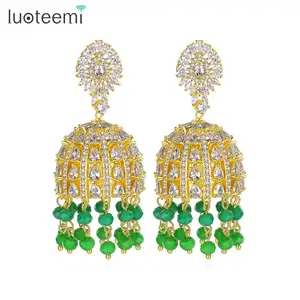 LUOTEEMI Fashion New Arrival Indian Jewelry Ethnic Gold Plated Cubic Zirconia Paved Jhumki Drop Earrings