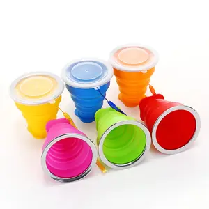 Reusable Silicone Collapsible Travel Cup 6.8oz Plastic Folding Cup With Lid Sports Silicone Pocket Cup Set For Outdoor Camping