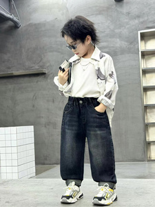 Pantalon en denim à poches brodées pour garçons, coupe droite et ample, avec ceinture élastique, style décontracté pour adolescents, confort en toutes saisons, - Product Image 4