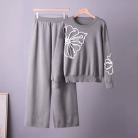 Ensemble deux pièces pour femmes, pull en tricot à col rond brodé, pantalon large, ensemble décontracté deux pièces, ensembles deux pièces pour femmes