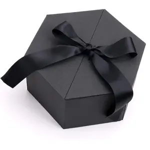 黒のカスタム紙段ボールミステリーパッケージ六角形のリボンボックスギフト用パッケージ