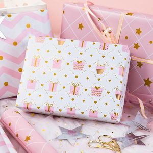Pink girl-themed golden star dot gift box pattern lithographed <b>paper</b> <b>wrapping</b> <b>paper</b> for girl baby shower birthday party wedding - Product Image 3