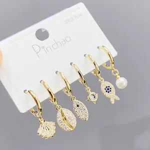 18K Real Gold Plating Full Diamond Zircon Inlaid Drop Earrings Summer Boho Ocean Seashell Fish Pearl Dangle Earrings Set