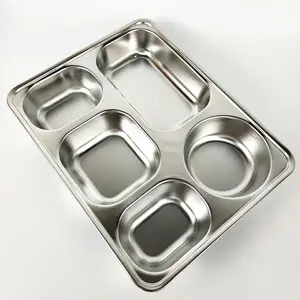 Adult & Kids 5 compartments dinner plate Stainless Steel Rectangular Thali Plate, Metal Thali, Mess Trays for hospital