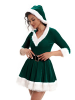 Costume de Noël pour femmes, manches courtes, thème Père Noël, ceinture de costume, robe de fête, tenue de spectacle de Noël