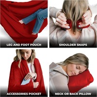 Couverture d'avion compacte et portable de qualité supérieure avec boutons-pression pour le cou, poches pour les pieds et pochette zippée, se transformant en coussin moelleux pour les voyages