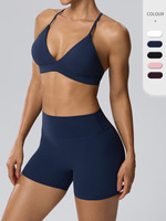 Set Yoga 2 Potong Wanita dengan Logo Custom, Bra Olahraga V-Neck dan Set Celana Pendek Biker Pinggang Tinggi, Bahan Stretch 4 Arah, Cocok untuk Olahraga