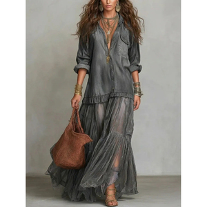 Abito Vintage da Donna 2026 Più Venduto, Classico con Colletto a Risvolto, Lungo, Casual, con Tasche - Vendita all'Ingrosso - Product Image 3