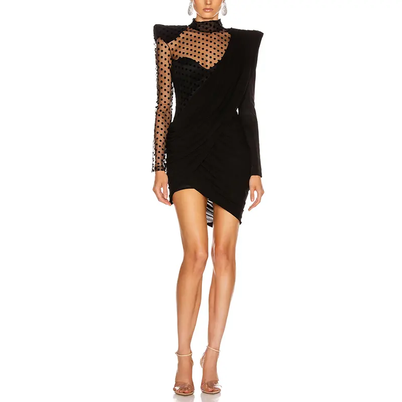 Sexy Black Flocked Dot Mesh Long Sleeve Ruffle Asymmetrical Mini Party Dress Women