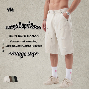 Cargo Capri Overalls for <strong>Men</strong> Vintage Washed Denim Ripped Distressed <strong>Three</strong> <strong>Quarter</strong> <strong>Pants</strong> Casual Streetwear Custom Wholesale - Product Image 4