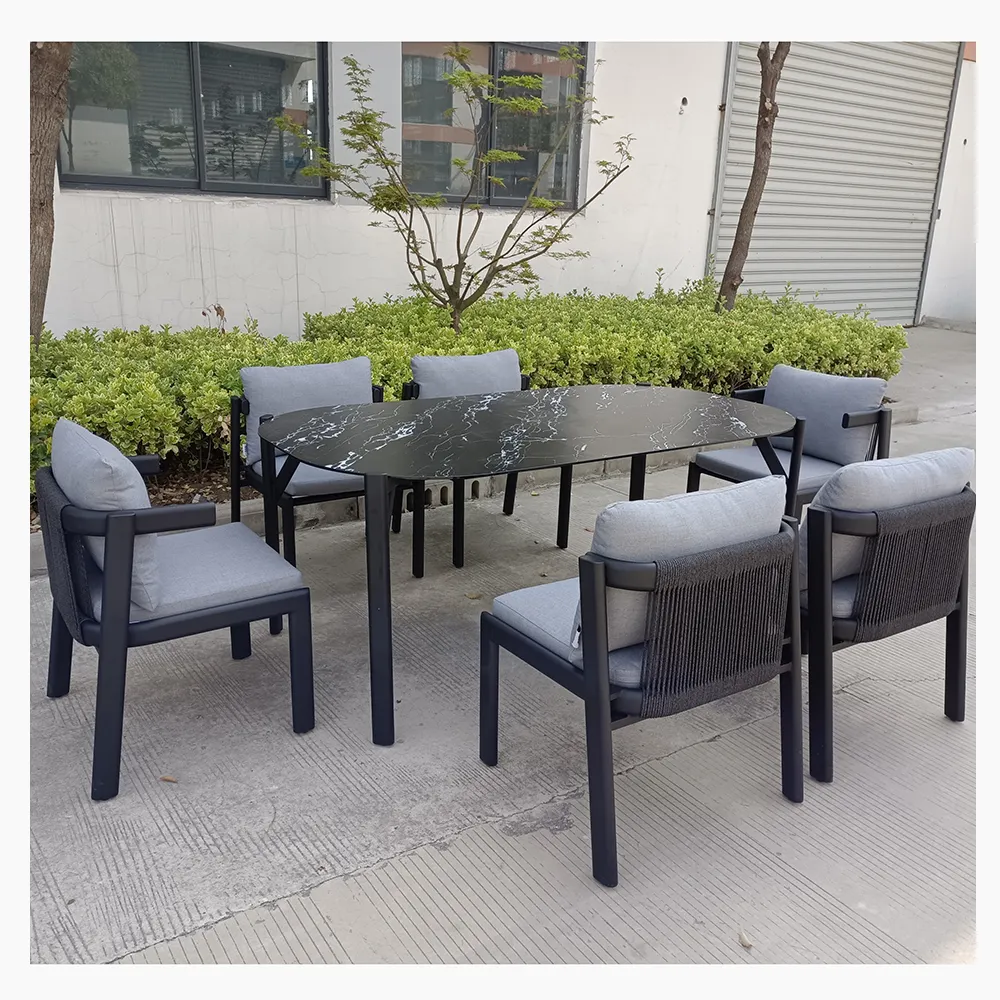 Buena venta de muebles de jardín de diseño moderno muebles de exterior 7 piezas de ratán conjunto de muebles de comedor al aire libre