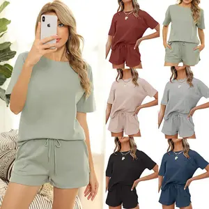 2024 Spring Summer 2-piece Women's Short-sleeved Home Clothes Knit Pajama Top Shorts Loungewear Pockets Solid Color Pajamas Set