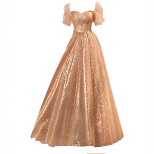 Gold Ball Gown Sweetheart Neckline Empire Waist Puff Sleeve Vintage Evening Dress For Bridal Photoshoots And Performances - Product Image 2