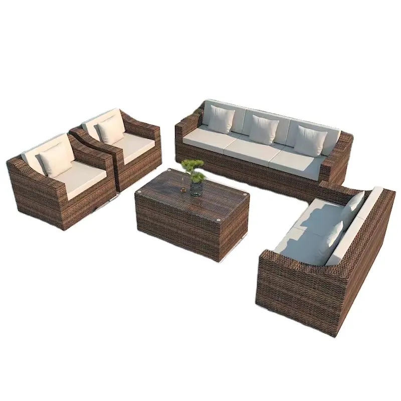 Giardino moderno in stile casa mobili da giardino divano da esterno marrone Set di divani in Rattan con tavolo da fuoco