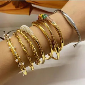 Aretas Hot Selling Fashion Gold Plated Layer Diamond Pearl Bangle Trendy Adjustable Women Handicraft Stainless Steel Bracelet