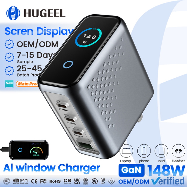Factory Wholesale 140W GaN Charger 4 Port Desktop Charger Station PD3.1 Fast Charging AI Smart Display for Phone Laptop Chargers