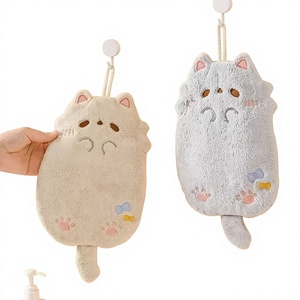 Serviette de toilette absorbante en microfibre polaire corail motif chat mignon avec boucle de suspension pour salle de bain - Product Image 1