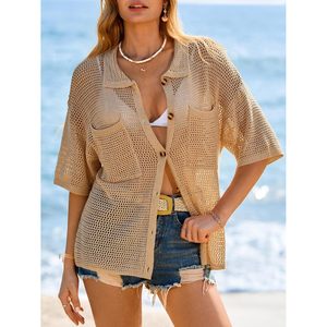 Fisoew Womens <b>Crochet</b> Short Sleeve V Neck Button Down Loose Cover Up Shirt Summer Knitted Hollow Out <b>Top</b> - Product Image 2