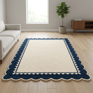 Premium Wool Cream Shag Area <b>Rug</b> <b>Navy</b> <b>Blue</b> Scalloped Border Design Non-Slip Hand Tufted Carpet for Living Room Bedroom Modern - Product Image 3