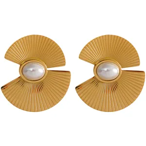 JINYOU 1323 Charm Fan Imitation Pearl Flowers Stainless Steel Hyperbolic Fashion Big ZA Stud Earrings Trendy Personality Jewelry