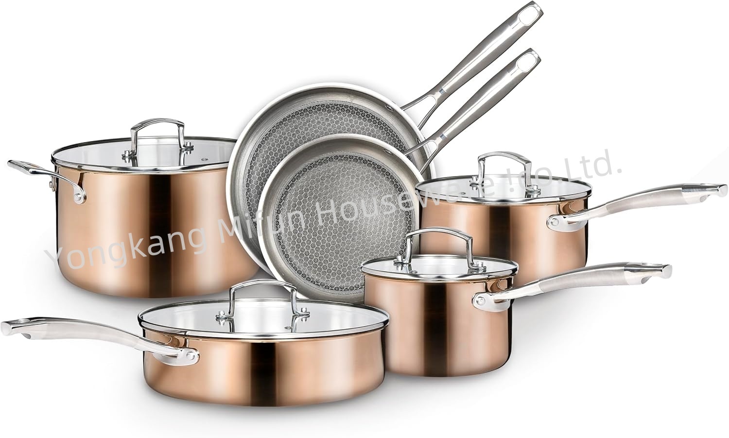 Modern 10 Pc Hybrid Cookware Set W/ Lids Stainless Steel Wok Kitchenware 3-ply Stainless Steel Honeycomb Non Stick Pans Sets · image 3