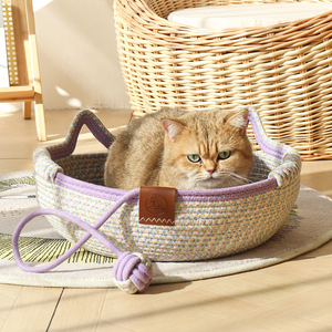 Cama de ratán púrpura personalizada para mascotas con forma de oreja de gato redonda, nuevo diseño, bola rascadora, nido de sueño seguro y cómodo para gatos - Product Image 1