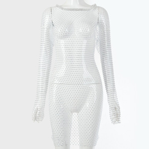 European American Style Women's Summer Sexy <b>Fishnet</b> Rhinestone Dress Round Neck Full Sleeve Sheer Layer Midi Club Dress - Product Image 3