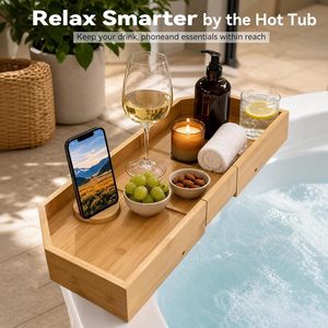Plateau pour bain à remous en bambou avec longueur extensible et rotation à 360° ° Support de téléphone antidérapant pour table latérale de spa, porte-boissons pour collations et essentiels - Product Image 2