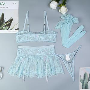 Nuevo Conjunto de Lencería de Moda con Lazo y Bordado de Encaje, Sexy Conjunto de Sujetador y Braguita de Malla Transparente con Medias - Product Image 6