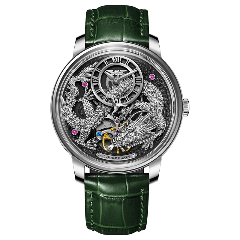 P6632 มังกรเงิน-เปลือกเงิน หน้าปัดดำ-สายเขียว