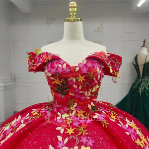 Jancember ANY19 Vestido de noche tradicional rojo ostentoso con hombros descubiertos Empire Puffy Ball - Product Image 5