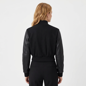 Chaqueta Bomber Negra para Mujer, Mangas de Cuero Sintético, Cierre de Cremallera, Cuello Alto, Ropa de Otoño - Product Image 2