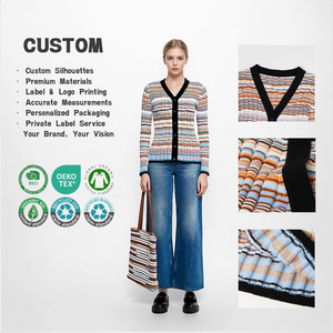 เสื้อคาร์ดิแกนไหมพรมลายทางแขนยาวคอวีสำหรับผู้หญิงแบบขายส่งสั่งทำได้, เสื้อสเวตเตอร์ติดกระดุม, เสื้อคลุมลำลองสำหรับผู้หญิง - Product Image 1