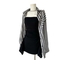 Ensemble Chic Coréen Tendance Été 2026 : Chemise Rayée Sans Col Anti-UV Décontractée + Robe Noire pour Femme