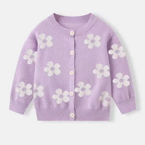Suéter de Punto para Niñas Estilo Coreano, Cárdigan Infantil para Otoño e Invierno, Suéter de Punto con Cuello Redondo y Estampado Floral - Product Image 1