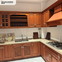 Buildgres Armoire de cuisine pratique en forme de L avec évier/plaque de cuisson au gaz/étagères de rangement et niche d'exposition et comptoir en granit