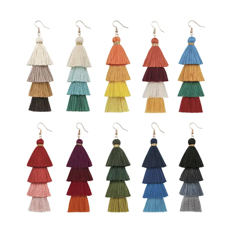 Bohemian Tassel Crystal Long Drop Earrings for Women Red Cotton Silk Fabric Fringe Earrings 2020 Fashion Woman Jewelry