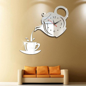 Horloge murale créative 3D en acrylique en forme de tasse à café et théière, horloge numérique DIY, autocollant mural, décoration pour cuisine, salon, salle à manger - Product Image 3