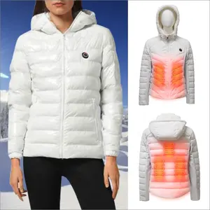 Chaqueta de invierno de satén blanco calentada por USB para mujer, transpirable, para montar en esquí, decoración de piel larga, botón de talla grande XS, lana rellena de algodón