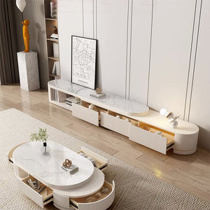 Mobile TV di Lusso Estensibile AJUNION, Arredamento in Legno per Soggiorno, Top in Finto Marmo, Console Multimediale con 3 Cassetti - Product Image 3