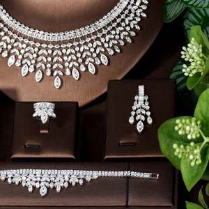 Elegant Leaf Water Drop Big Necklace Earring Sets <b>Cubic</b> <b>Zirconia</b> Jewelry Sets for Dubai Women Bridal Wedding Party Gifts S-313 - Product Image 3