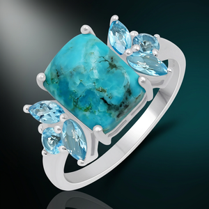 Anillo de Plata de Ley 925 con Turquesa Azul Natural y Topacio Azul en Forma de Flor, Estilo Clásico, Joyería para Mujer, Anillo de Boda - Product Image 3