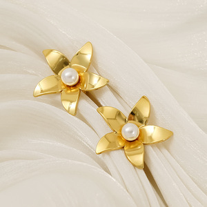 ZOGXIN Gold Flower <b>Stud</b> <b>Earrings</b> With Pearl And Zircon For Women Everyday Wear - Product Image 4