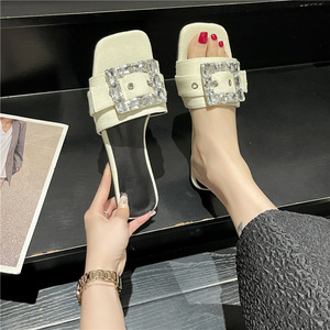 Sandales plates en jean pour femmes, style fée française, avec boucle carrée en strass, printemps-été, vente en gros, mules à enfiler - Product Image 2