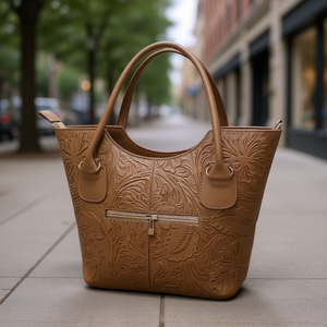 Bolso de compras Fana Wendy Avellana de cuero repujado con estampado floral grande, cierre de cremallera y asa de mano - Product Image 2