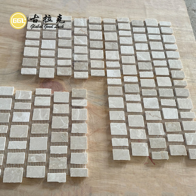 GGL Stone Natural Botticino Marble Square Mosaic Tile Rough Cut for Interior Design