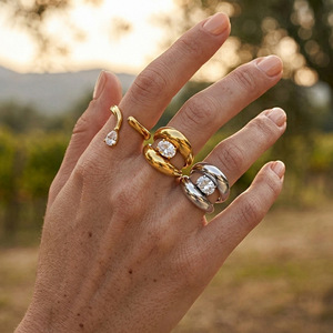 Anillo de Zirconia de Acero Inoxidable de Alta Gama, Resistente a la Decoloración, Chapado en Oro de 18K, Conjunto de Joyería con Brazalete de Acero Inoxidable - Product Image 6