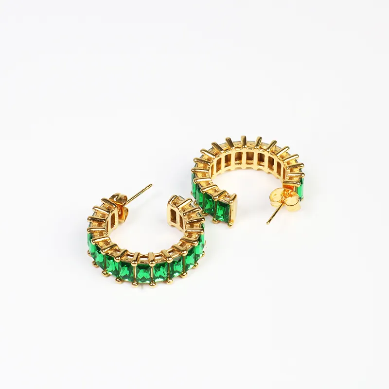 Stud Custom Earring Green Zirconia Gemstone Earring Bezel Iced Out Setting Rhinestone Hoop Earring Jewelry