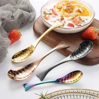 Cuillère en acier inoxydable, cuillère créative en forme de poisson, cuillère dorée, cuillère à dessert, cuillère à boire