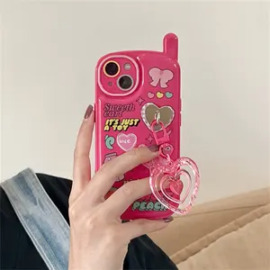 新しい電話ケース20233Dかわいい漫画ピンクレトロカバーiPhone14プロマックスカワイイラブハートキーホルダー女の子女性電話ケース